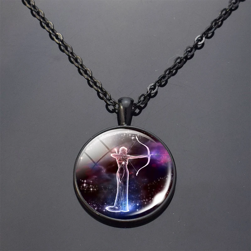 12 Constellations Black Pendant 12 Zodiac Signs Aries Leo Libra Gemini Taurus Scorpio Glass Cabochon Necklace for Birthday Gifts