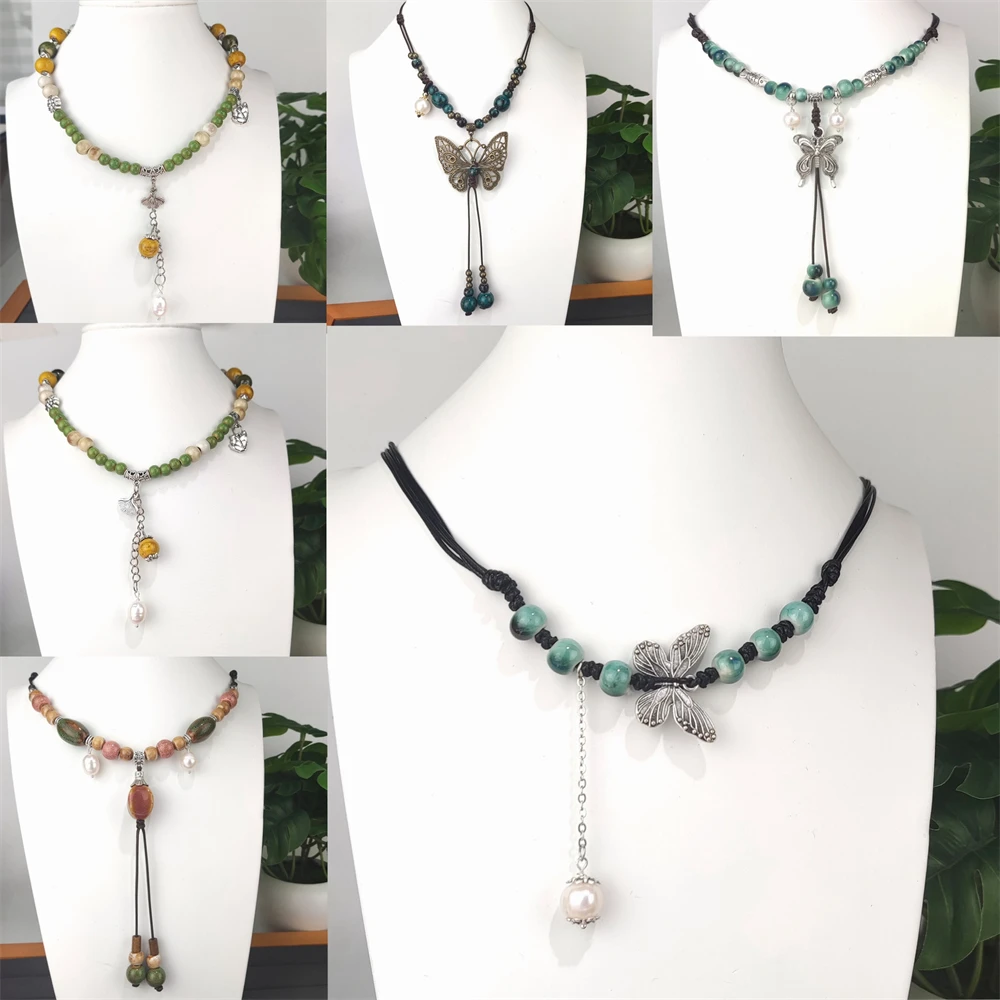 Fashion Jewelry Bohemian Style Handmade Braided Ceramic Beads Sweater Necklace Long Tassel Hand Knotted Rope Necklace With Pearl