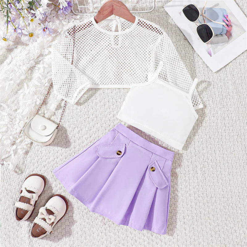 Ms-572 12 to 18 Months Baby Girls Clothing Sets Wholesale Tank Top+Net Top+Skirt 3 Pieces Outfits Kids Summer Dresses for Girls