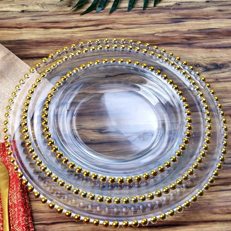 13 inches Wholesale Wedding Charger Plates Tableware Glass Dishes Gold or Silver Rimmed Glass Charger Plate Dinner Plate
