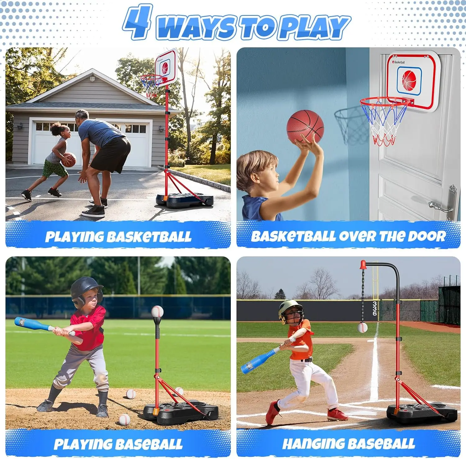 4 in 1 Kids Basketball Hoop and T Ball Set Adjustable Basket Ball Stand Hanging Tee Baseball for Toddlers Boys Toys Sports Balls