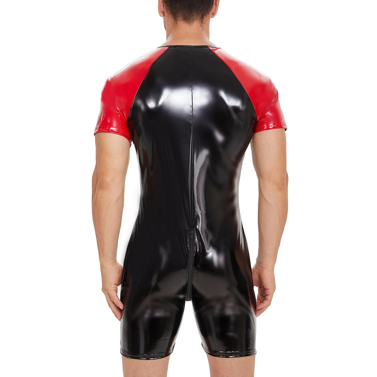 Wet look Catsuit Faux Leather Cami Jumpsuit Black Stretch PVC Bodysuits Sexy Clubwear Men Lingerie Bodysuit