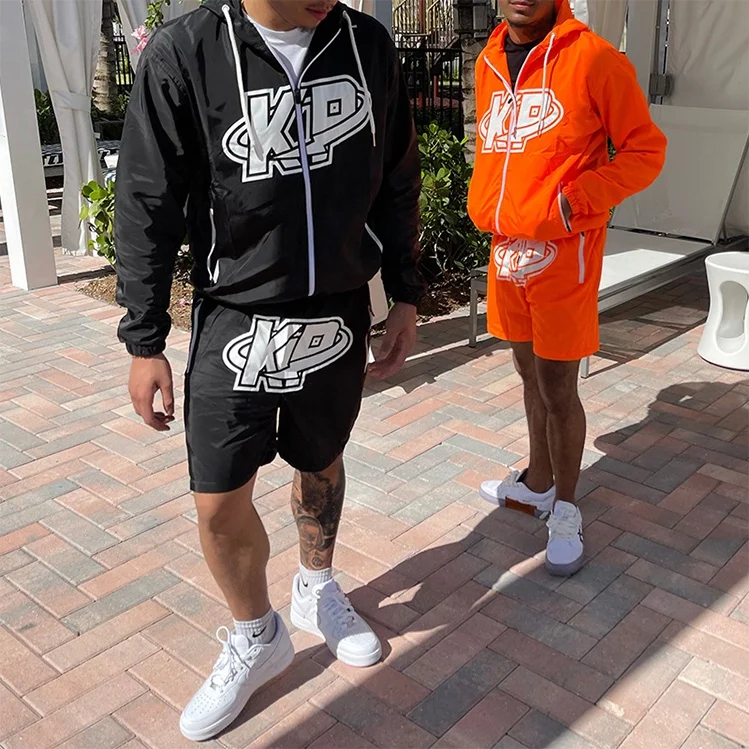 OEM custom reflective track suit two piece short sweatsuit nylon zipper windbreaker jacket short set tracksuit for men