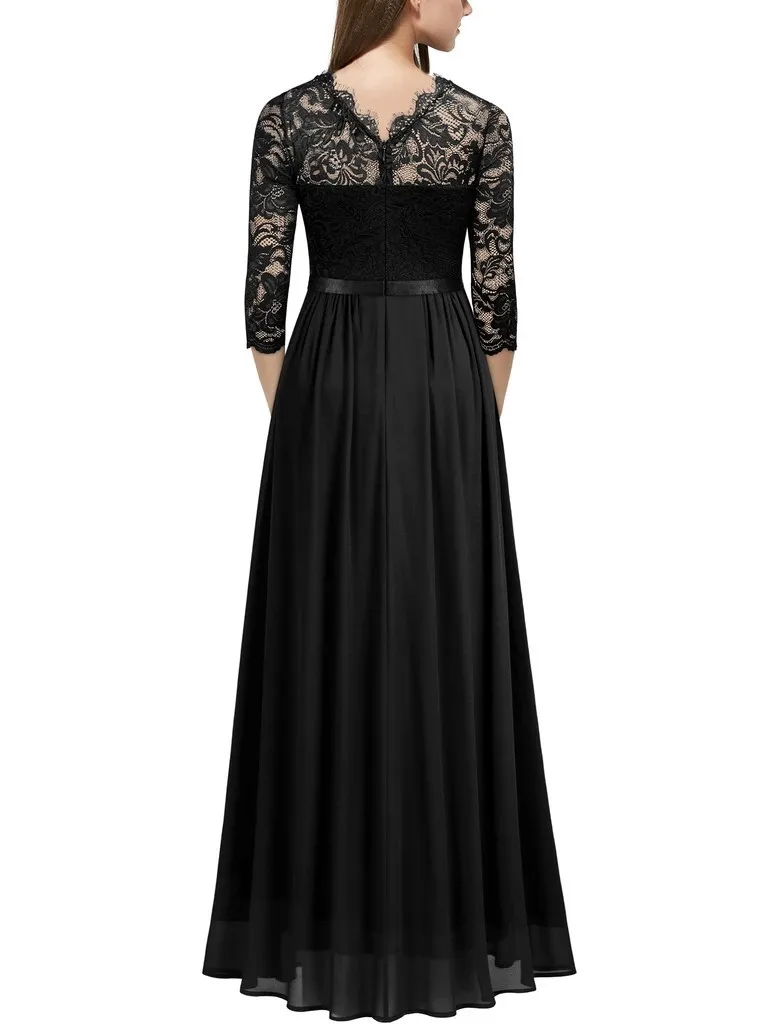 Womens Long Bridesmaids Wedding Dress Half Sleeve Elegant Lace Round Neck Maxi Ladies Evening Party