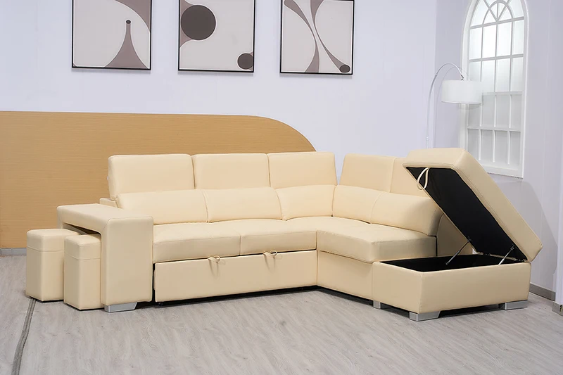Modern Sleeper Couch Corner Sofa Bed Cream Color Microfiber Fabric Cheap Sofa Bed Pull Out Space Saving L Shape Sofa Bed