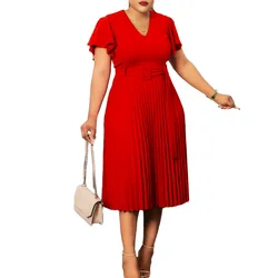 Wholesale Summer Plus Size V-Neck Lotus Sleeve Women Dress Fashion Casual Solid Color Belt Women Dresses