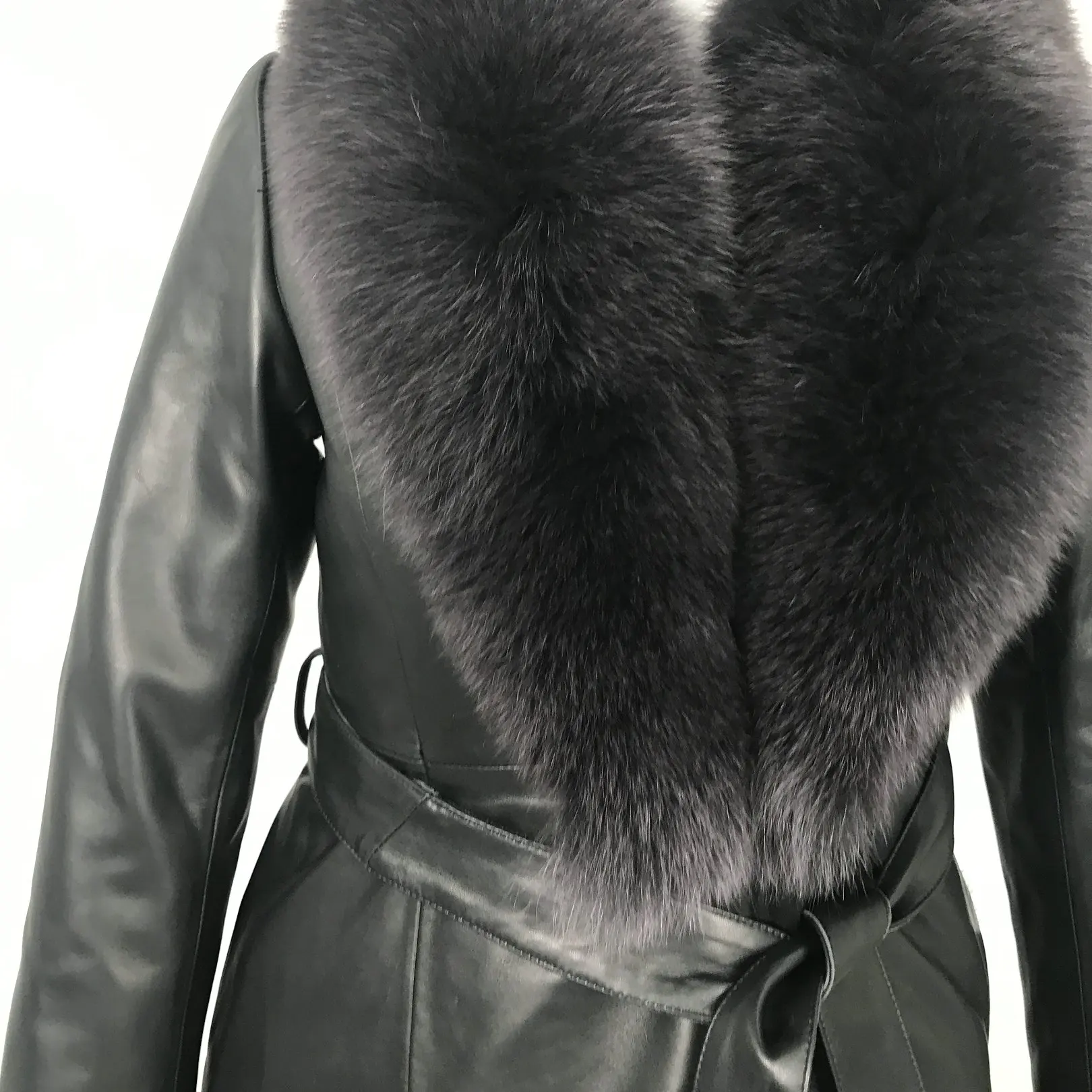 Custom Classic Long Black Leather Jacket Genuine Leather Coat Women with Fox Fur Collar