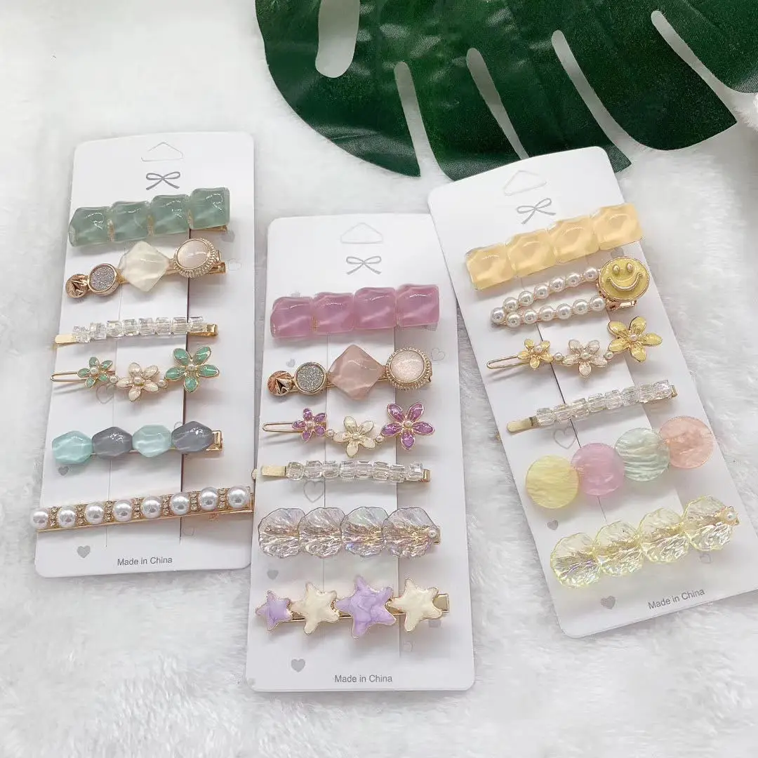 Fashion Simple Candy Color Cute Shells Stars Flowers Pearls One Word Clip Hairpin Set