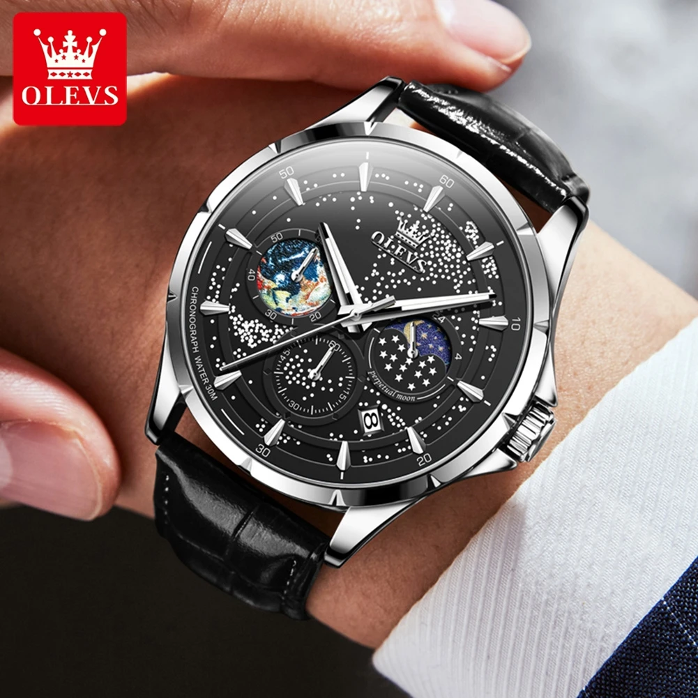OLEVS 5538 New Luxury Men Quartz Leather Watches Starry Sky Three Eye Lunar Phase Calendar Waterproof Quartz Wristwatches