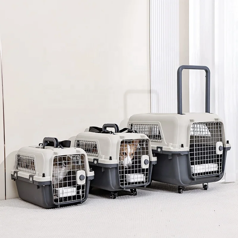 Multi Size Durable Travel Pet Carrier Outdoor Portable Airline Pet Cage Plastic Kennel Wheel Pet Cage Carrier With trolley