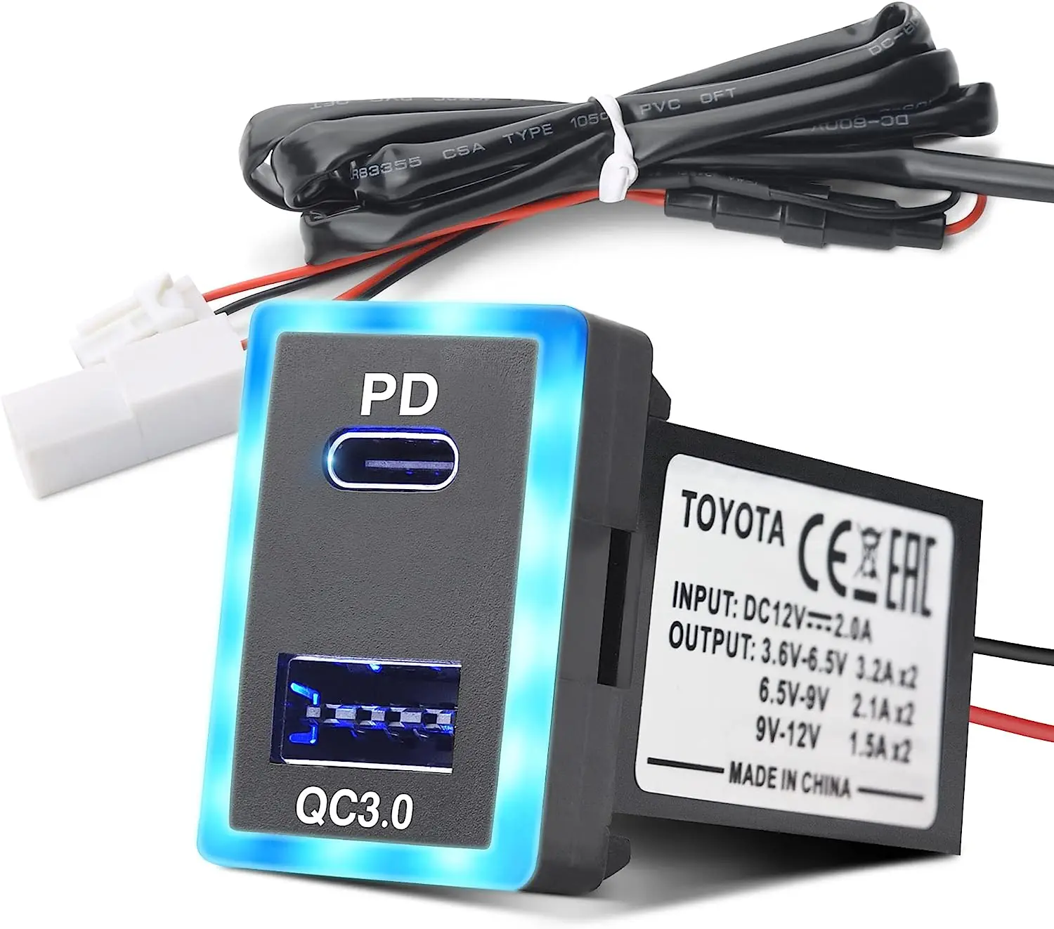 Dual QC30 Quick Charge 3.0 USB Charger for Toyota car with fuse and wire
