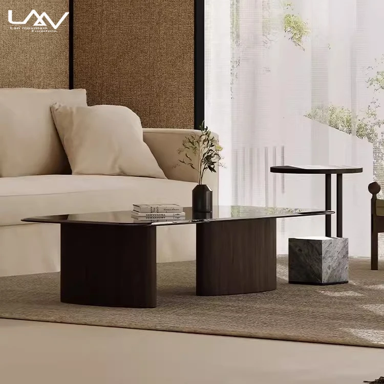 Italian style walnut coffee table set modern hotel villa living room wood leg glass top coffee table and side table furniture