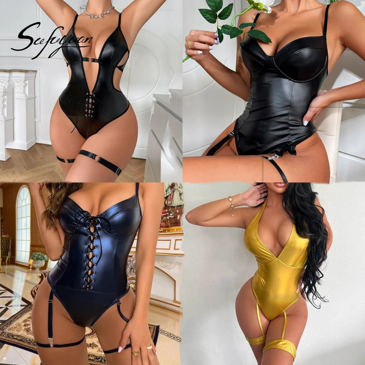 Europe and America Porn Woman PU Bodysuit Deep V High Quality Bikini Women Garter Set PU Leather Lingerie Women Sexy Underwear