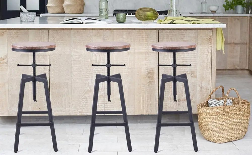 Industrial Antique Wooden Top Height Adjustable Cheap Metal Bar Stools