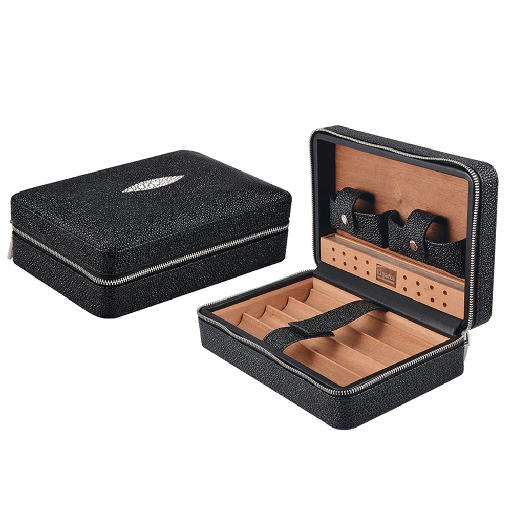 Portable Travel PU Leather Cigar Case with cutter, lighter and tray