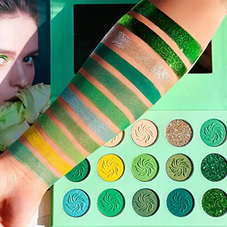 Highly Pigmented Matte Shimmer Glitter Eye Shade Long Wear Vegan Cruelty Free Nude Yellow Emerald Green Eye Shadow Pallet