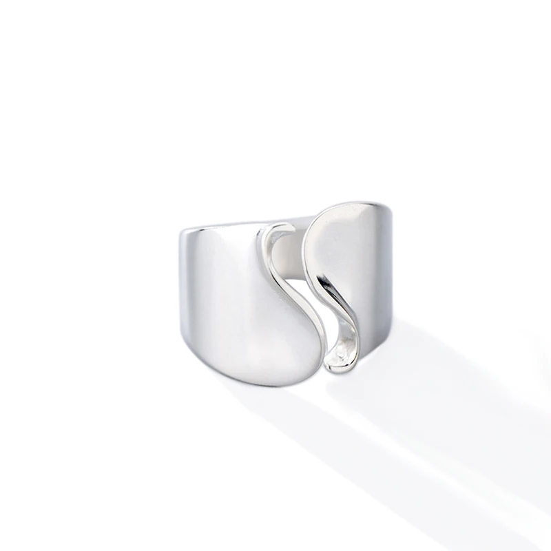 Real 925 Sterling Silver Geometric Ocean Wave Adjustable Ring for Women Teen Girl  Wide Large Ladies Luxury Jewelry