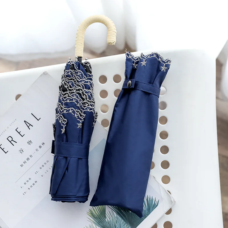 Super Lightweight Vintage Lace Flower Embroidery Folding UV Coated Umbrella with Custom Logo Curved Handle Three Foldable Colors