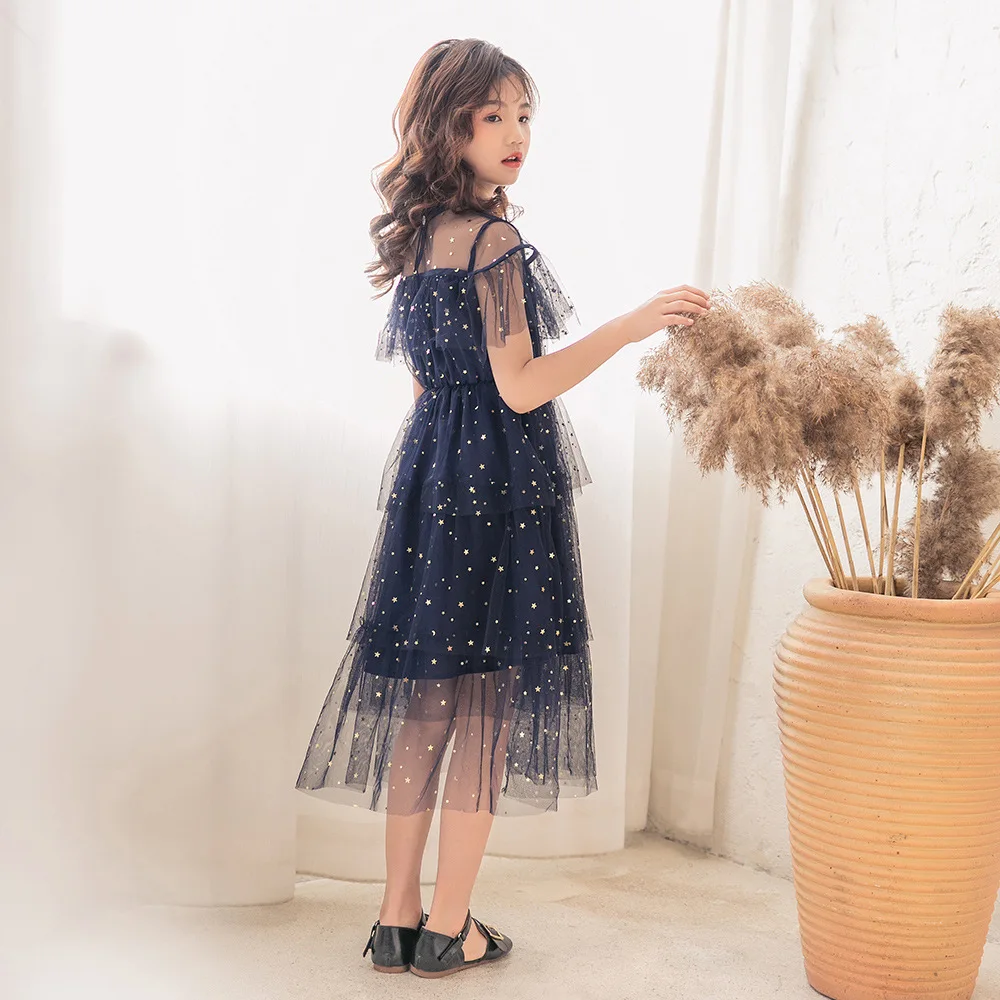 Summer Fashion Star Sequins Baby Girl Mesh Girls Ball Gown Dress Cute Princess Dress Perform Clothes Party Wedding Dress