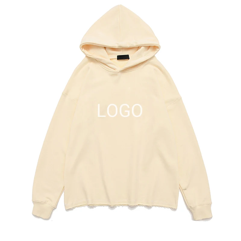 Streetwear Oversized No Strings Print Sweatshirts Cotton Cut Edges Raw Hem Hoodie Men Blank Plain Oversized Hoodies