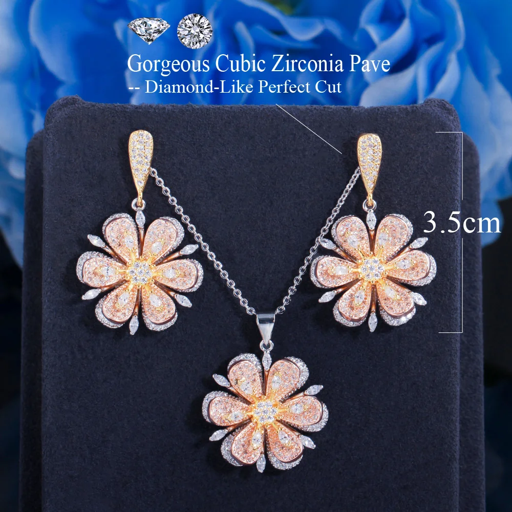 3D геометрический дизайн кубического циркония (3 оттенка переходящие плавно от темного к светлому) с серебряным покрытием серьги-подвески цветочным украшением из серьги и ожерелье для женщин обручальные кольца CZ Ювелирные наборы