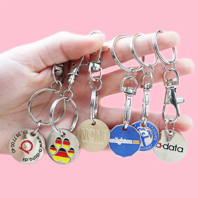Custom trolley coin keychain Ornament Metal Keyring Coin Holder Supermarket Shopping Cart Chip Key Chain Hanging Token