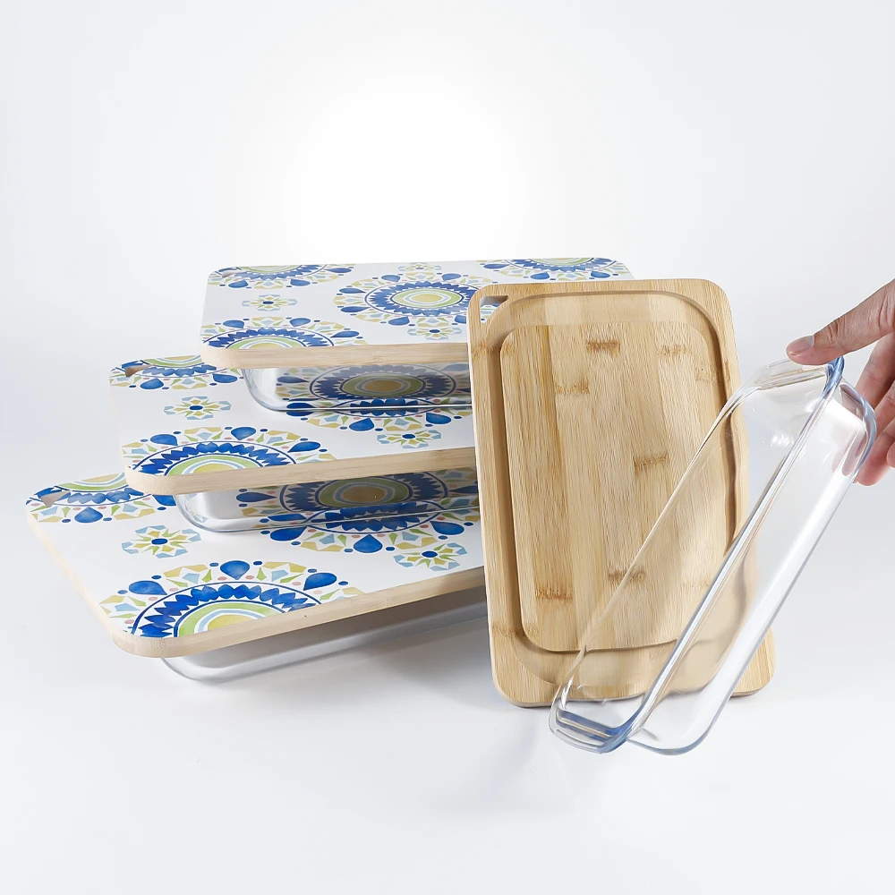 2023LEHE bamboo Lid Fridge-to-Oven Safe Rectangular non stick modern baking tray set glass baking dish