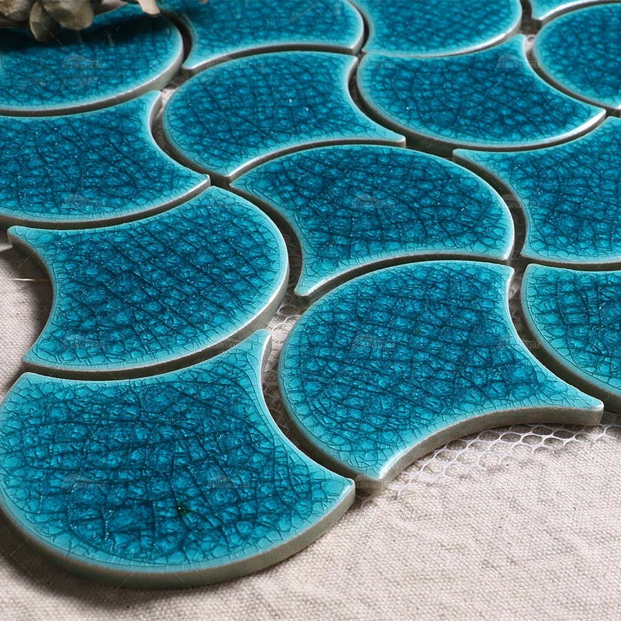 Bathroom Shower Backsplash Wall Fish Scale Tile Ice Crackle Glossy Cheap Swimming Pool Tile Ceramic Glazed Fan Shaped Tile