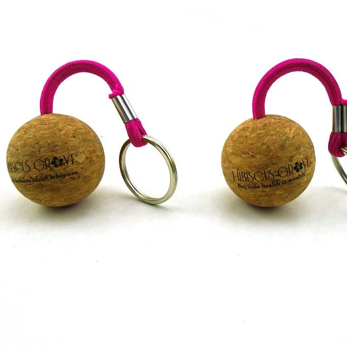 China  logo 50mm 35mm round 3d ball key ring with cork ball key chain float cork wood keychain cork keychain