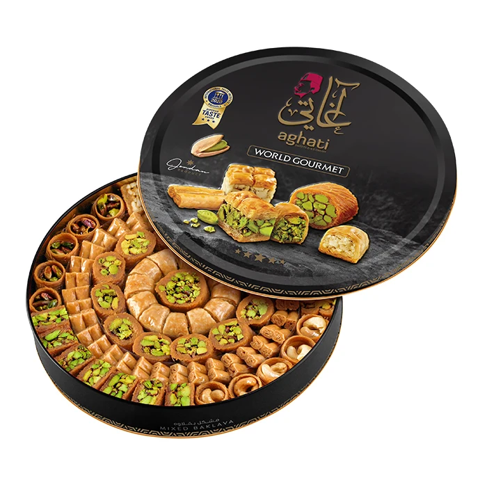 Trending Hot Savory tin Box Pack Cookies Rich Nuts Crackers Delicate desserts multiple flavors Baklawa Super Mix 1kg