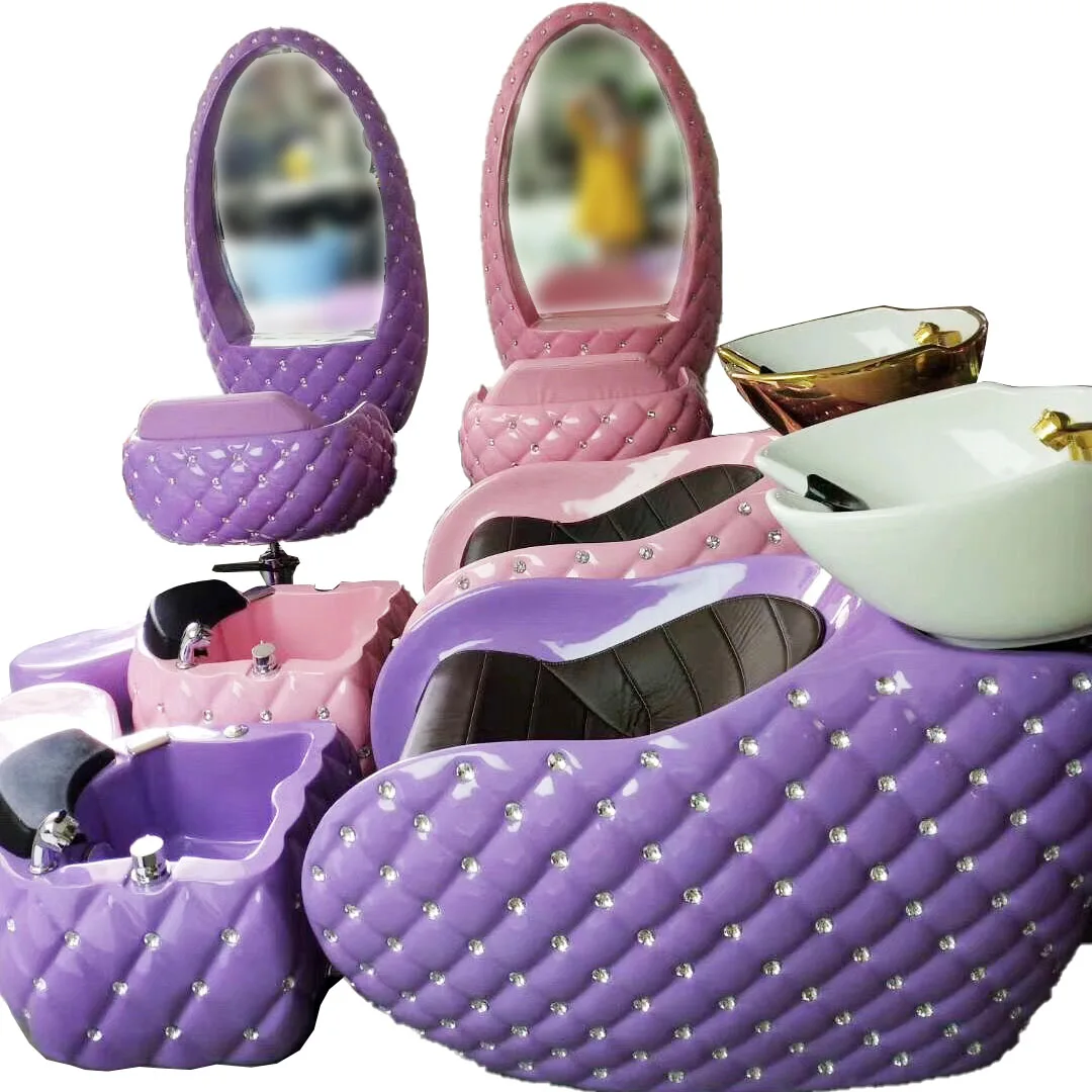 NEW Pink barber chair mirror suit Lingge belt drill shampoo bed and foot bath