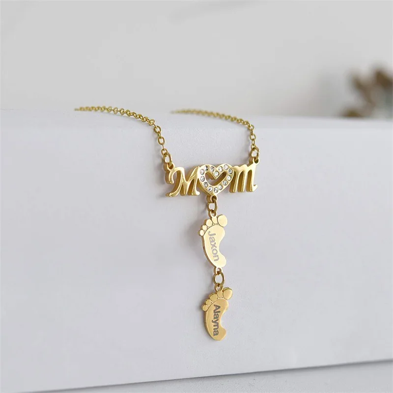 Personalized MoM Heart Diamond Engraved Name Necklaces Letter Stainless Steel Fashion Necklace With 1-10 Baby Feet Charms