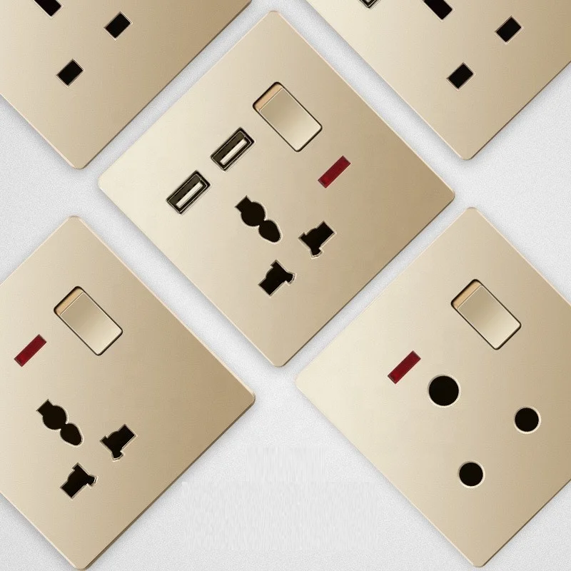 Good Quality Golden UK Africa Malta Maldives Electrical Wall Switches and Sockets Single Double Socket with USB