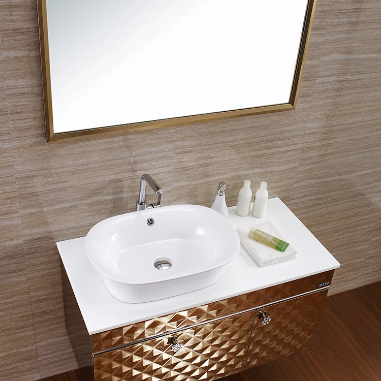 Luxury Royal Classic Gold Bathroom Waterproof Make Up Vanity Cabinet Units with Marble Countertop Single Sink for Home Furniture