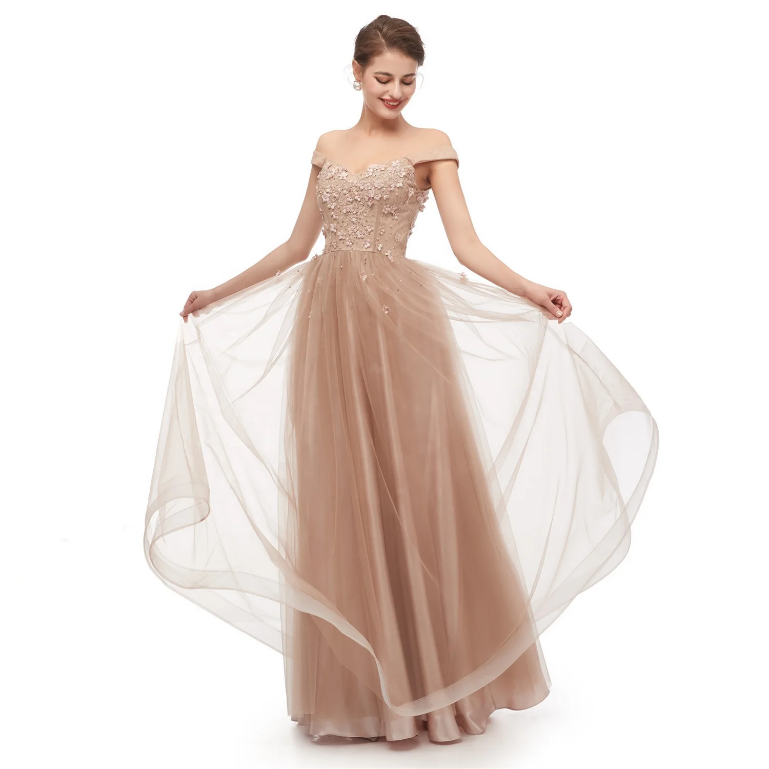 
Gorgeous Off the Shoulder 3D Flowers Appliques A Line Prom Dress Evening Gown 