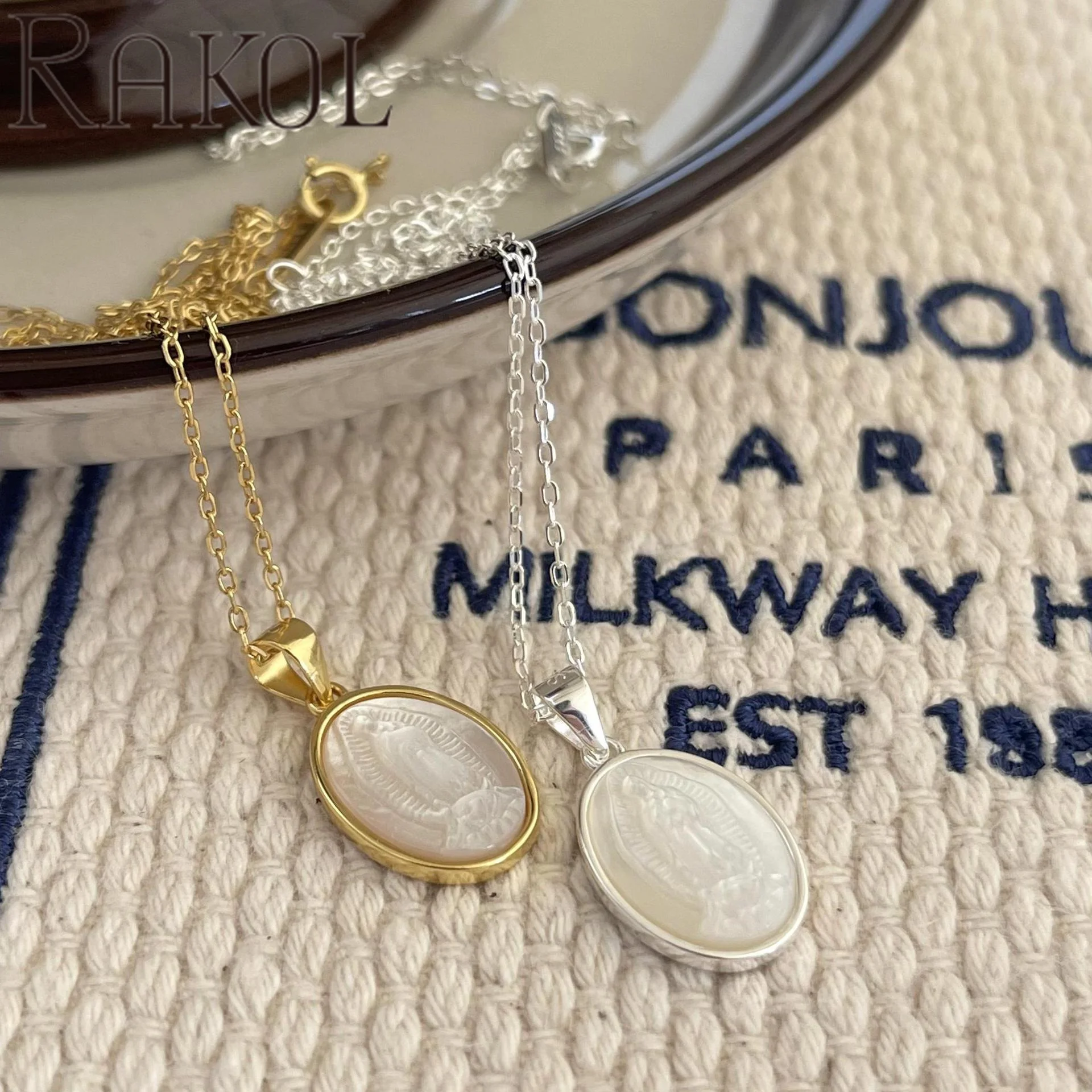 RAKOL ZPN10175 Nordic Style Jewelry S925 Sterling Silver Oval Shaped Virgin Mary Shell Pendant Necklace