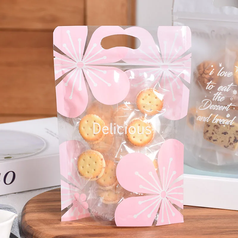 100 pcs Food grade resealable plastic food packaging bag with handle for bread biscuit nuts