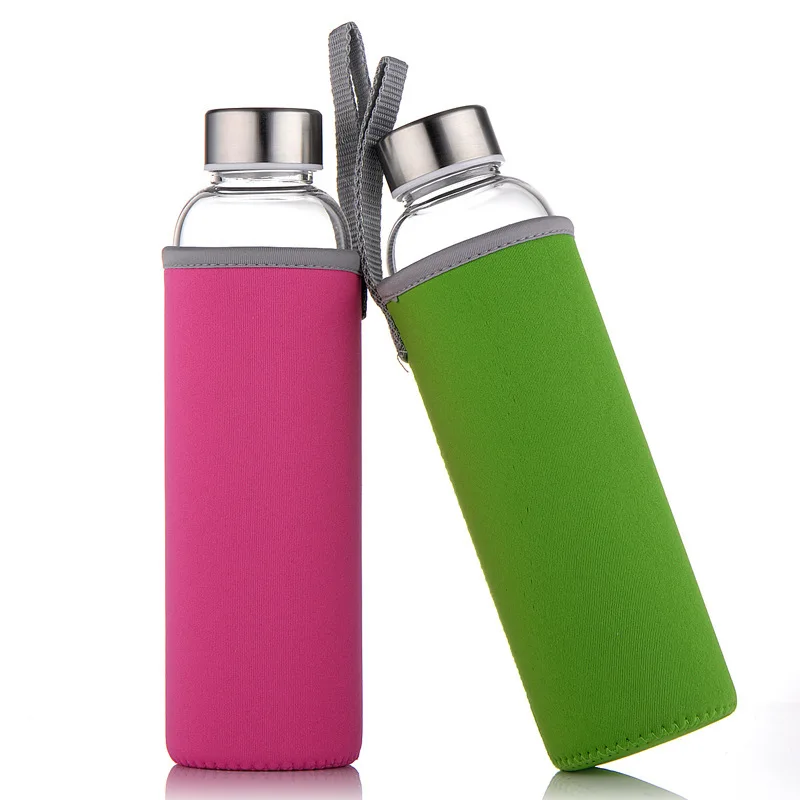 Portable Insulated Promotional Red Green Protective Nylon Sleeve Glass Water Bottle With Stainless Steel Lid