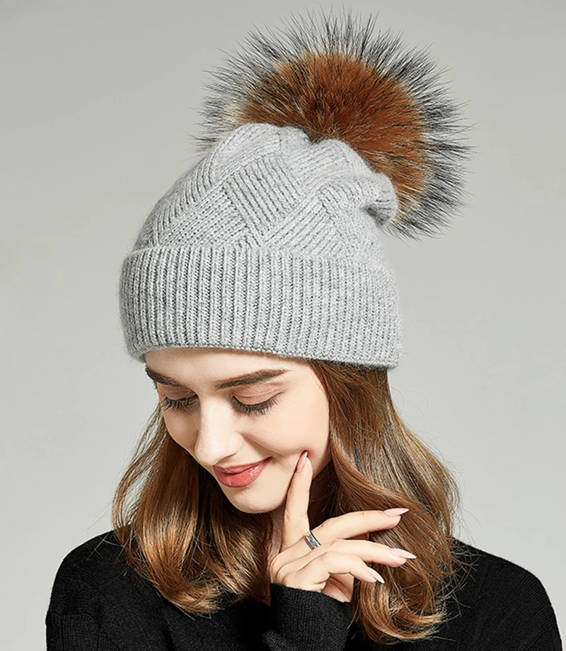 hot sell cute woman cashmere wool cable knit winter warm beanie hat with fox ball