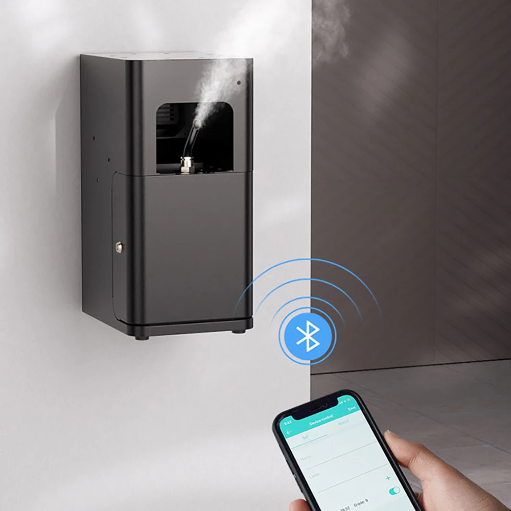 SCENTA Wholesale Metal Design Black Cool Mist Spray Scent Diffuser OEM Wall Mounted Large Room Bluetooth Aroma Diffuser For Bar