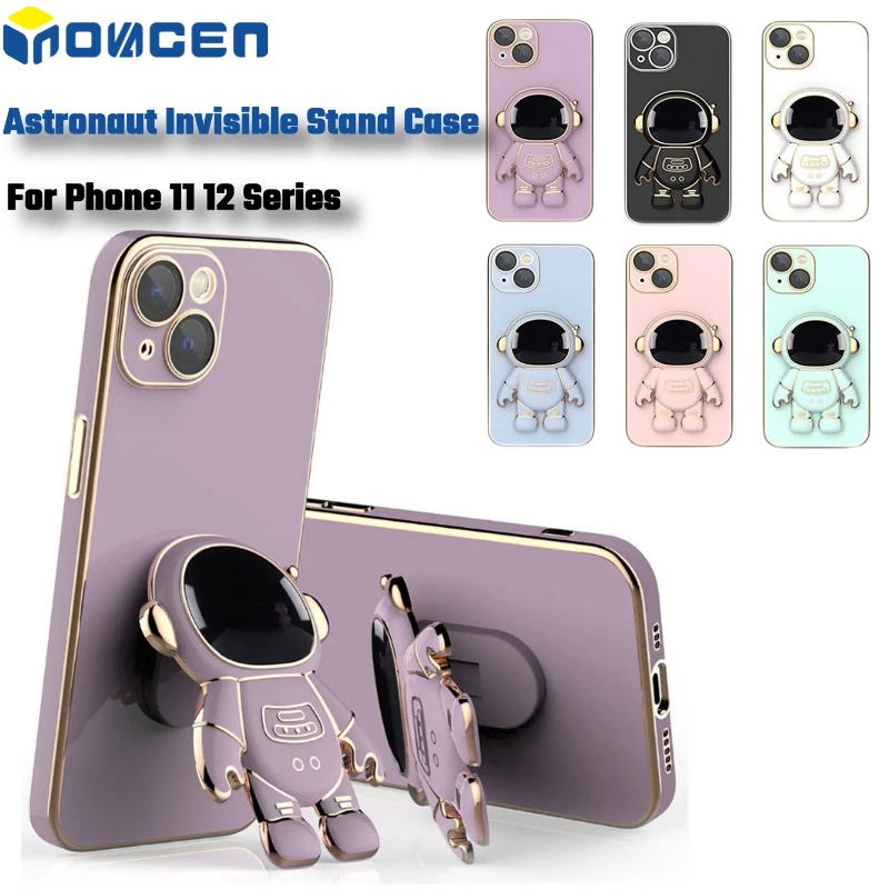 Astronaut Invisible Stand Case For 11 12 13 14 Pro Max Series/Shockproof Multicolor Metal Plating Phone Cover with Phone holder