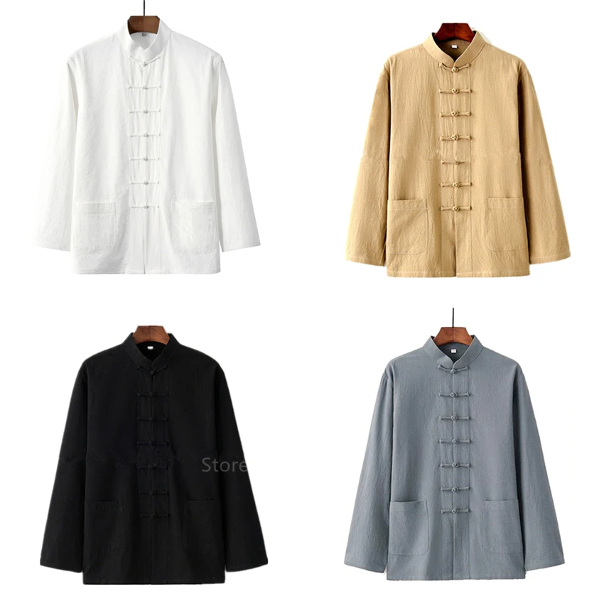 HANO Chinese Style New Year Hanfu Men Tops Kung Fu Solid Linen Tai Chi Wushu Outfit Vintage China Shirt Clothing