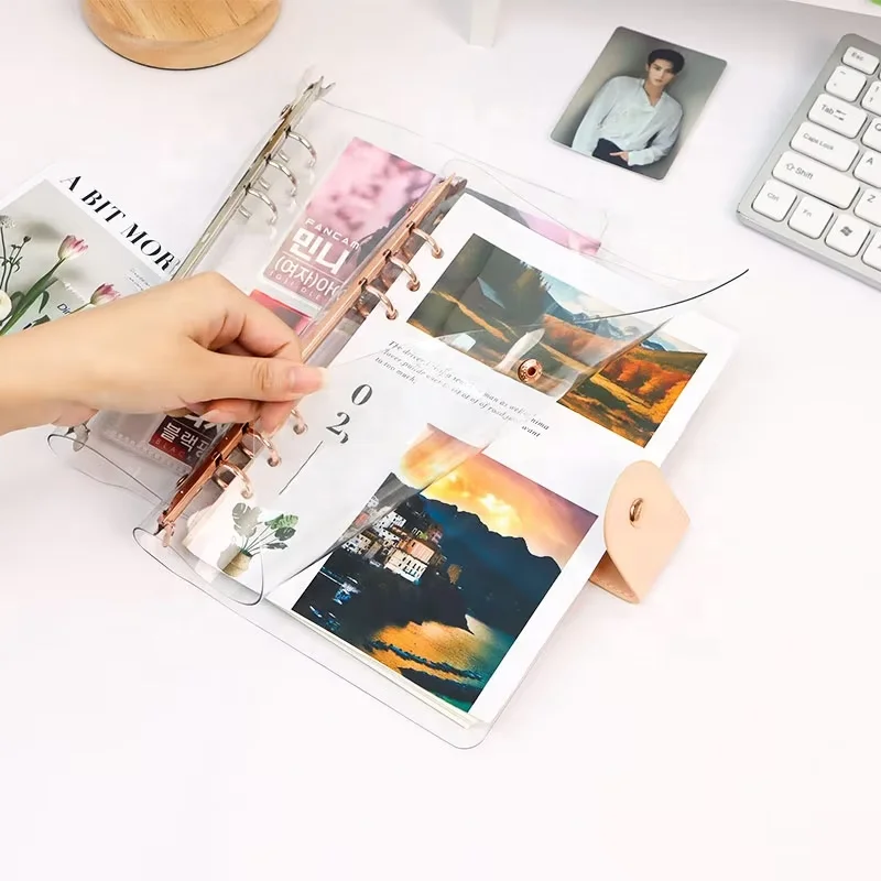 Clear a5 binder 6-ring pvc cover rose gold round ring pu leather snap button refillable notebook protector budget planner folder