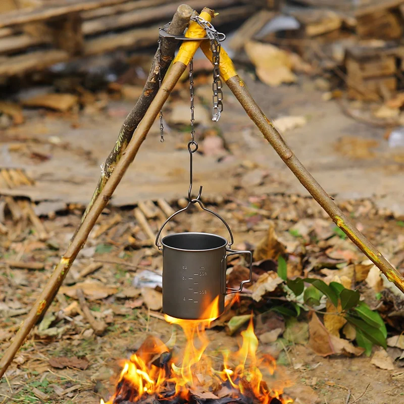 Titanium Adjustable Tripod Hanging Chain Outdoor Camping Campfire Pot Kettle Cup Holder Cooking Kit