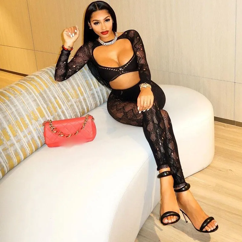 Autumn Solid Round Neck Lace Hollow Fit Sexy Long Sleeve One Piece Knit jumpsuit