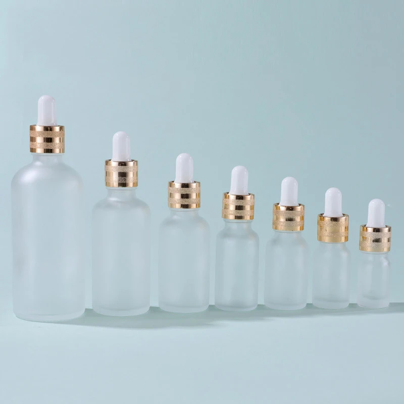 Empty Cuticle Oil Body Oil Container 5ml 10ml 15ml 20ml 30ml 50ml 100ml Frosted Glass Serum Dropper Bottle with Golden Sand Top