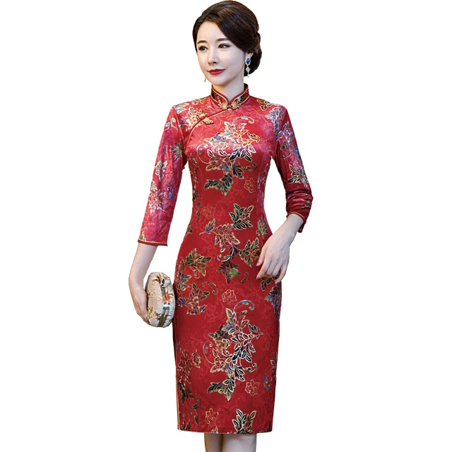 
Chinese Morden fashion knee-length Cheongsam Elegant 3/4 sleeve slim Qipao velvet Dress For Women Wedding 
