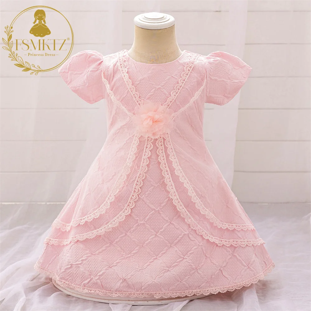 FSMKTZ Pink Baby Girls Dress Lace Flower Short Sleeve Dress Kids Christening Gown Children Party Dress For Girls