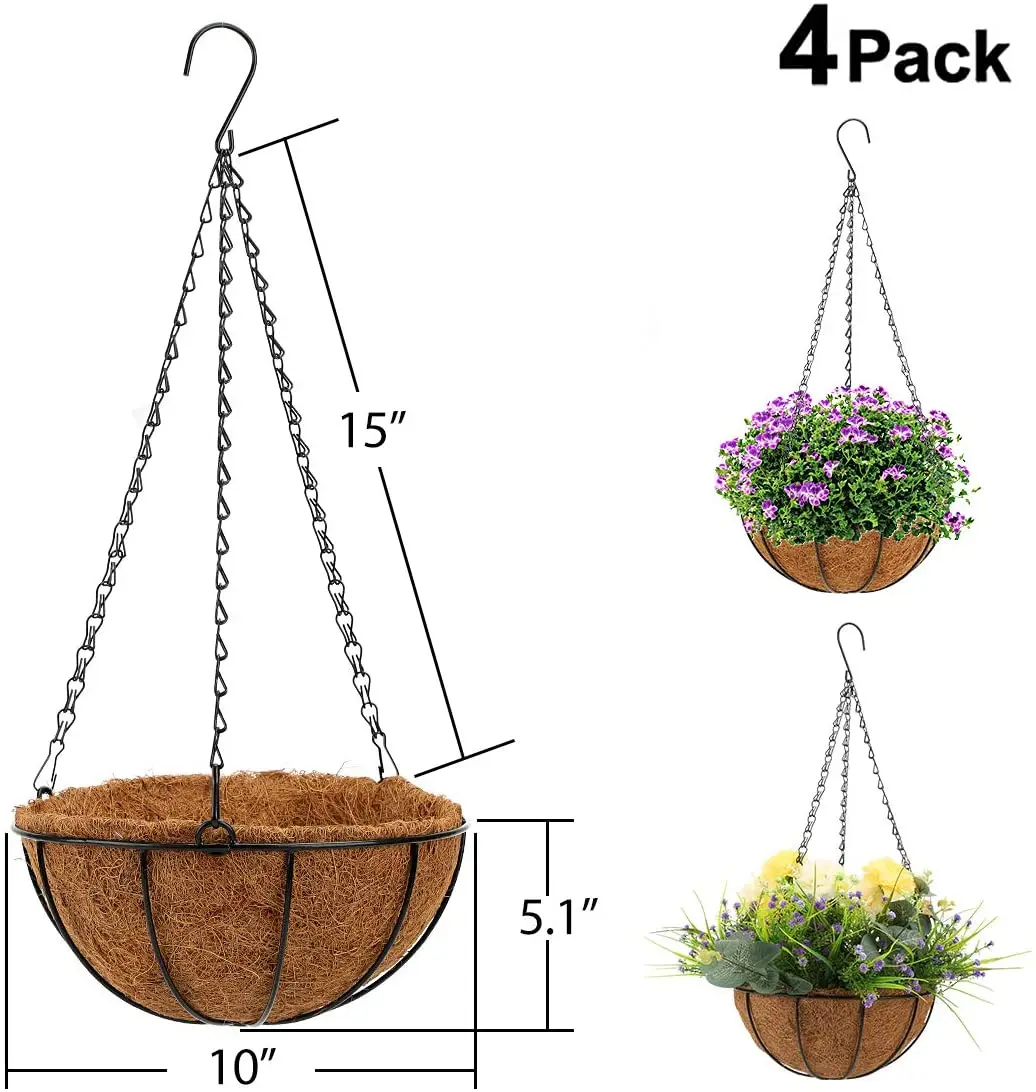 Hanging Planters 10 Inch Metal Flower Pots with Coco Coir Liners Wire Plant Holder with Hanger Watering Hanging Baskets