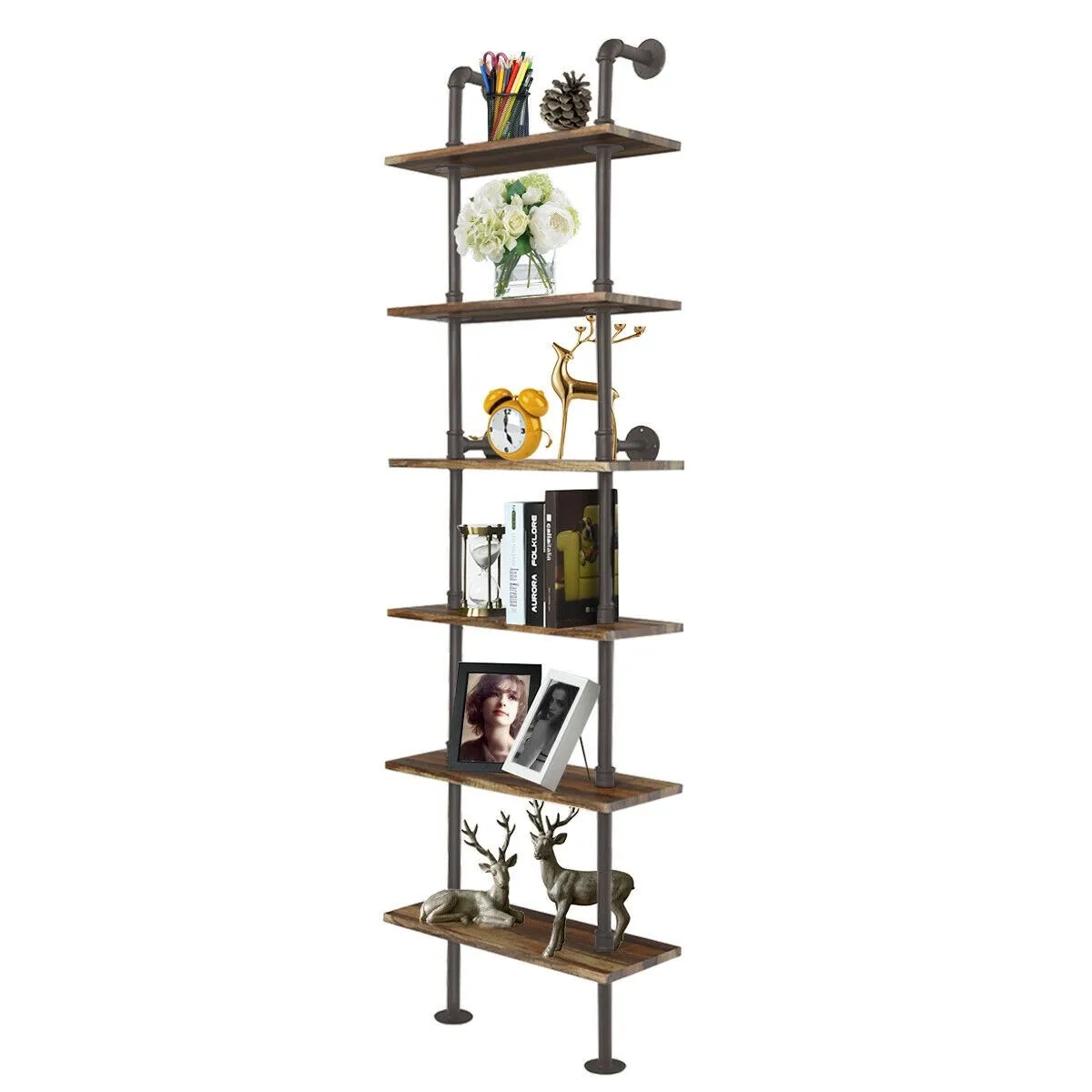 
Popular nature Vertical Industrial Rustic Modern Wood metal sturdy Ladder Wall Shelf 6 Tier Pipe Design Plant Stand Bookshelf 